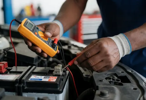 Mechanic with work gloves tests a car battery with a yellow multimeter.