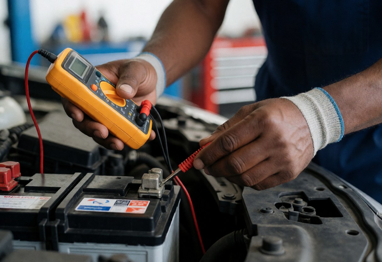 Mechanic with work gloves tests a car battery with a yellow multimeter.