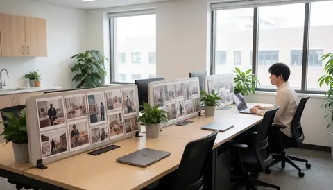 A man working on a laptop computer at a shared office desk with plants and photo panels.