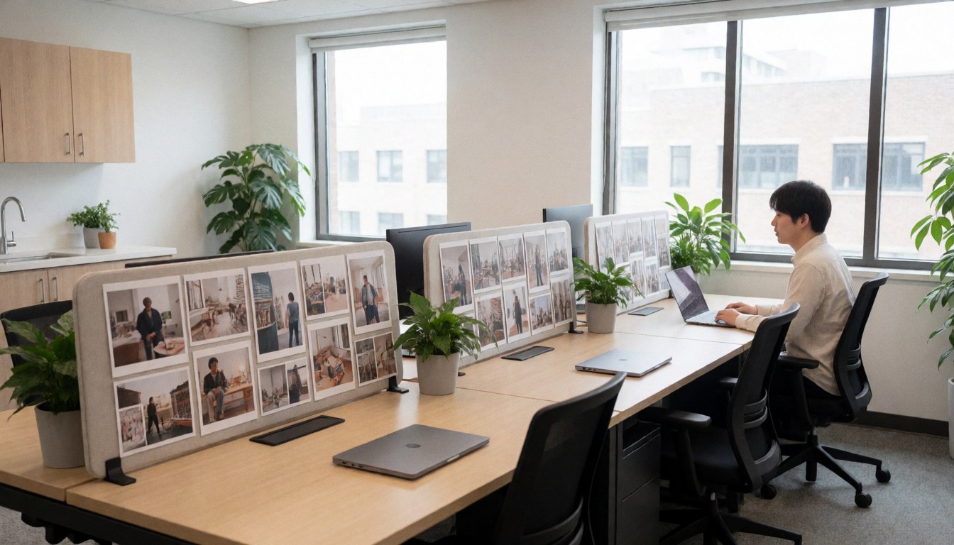 A man working on a laptop computer at a shared office desk with plants and photo panels.