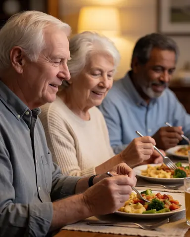 Three older adults enjoy a meal with plates of vegetables and french fries at a table.