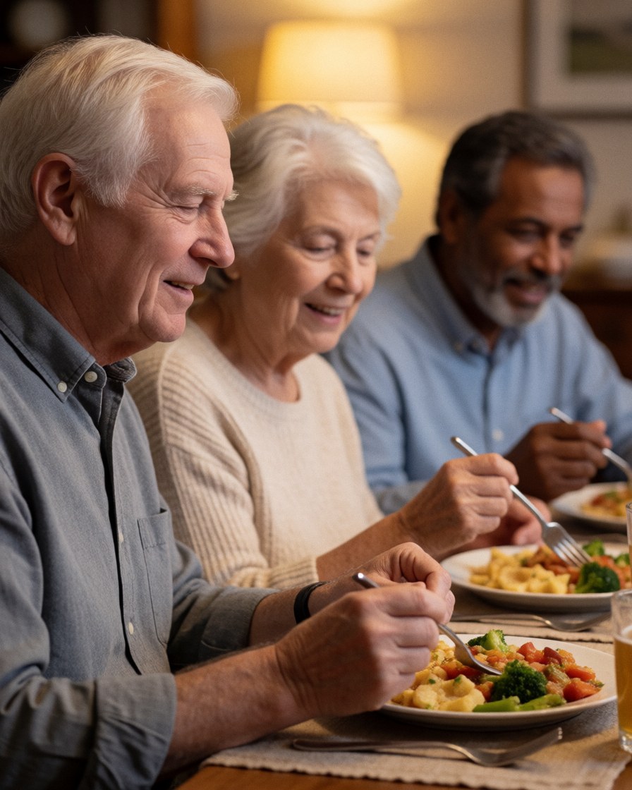 Three older adults enjoy a meal with plates of vegetables and french fries at a table.