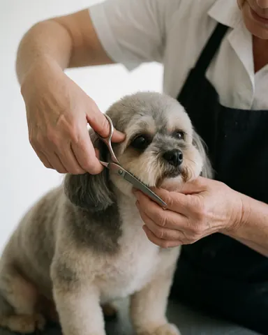 A groomer in a black apron cuts the hair of a small dog with grooming scissors.