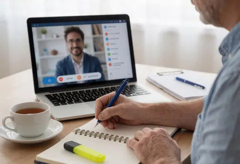 A man taking notes during a video call on his laptop, with a cup of tea beside him.