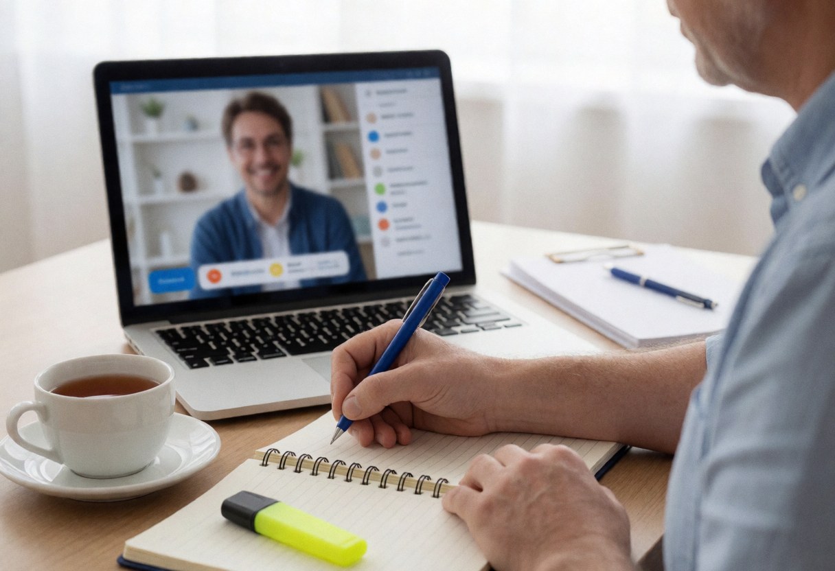 A man taking notes during a video call on his laptop, with a cup of tea beside him.