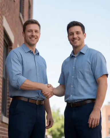 Two smiling plumers shaking hands in front of a brick building on a sunny day, wearing casual clothes with a professional and reliable attitude.