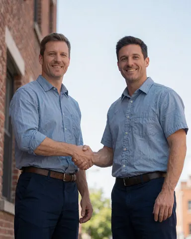 Two smiling plumbers shaking hands in front of a brick building.