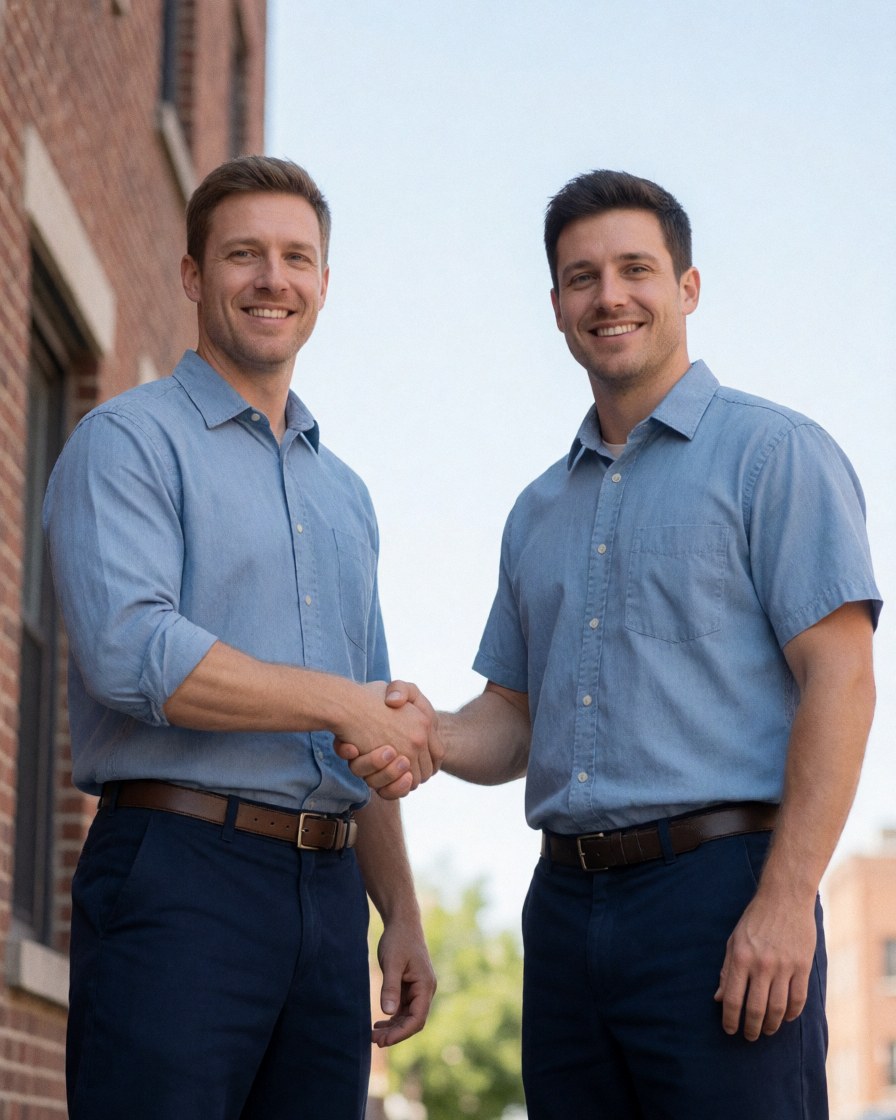 Two smiling plumbers shaking hands in front of a brick building.