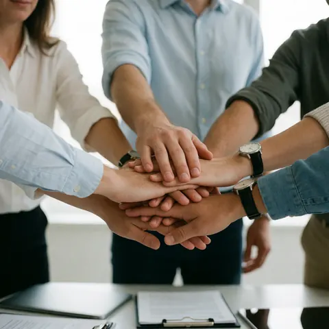 Group of people with hands stacked together on an office desk with documents and a laptop.