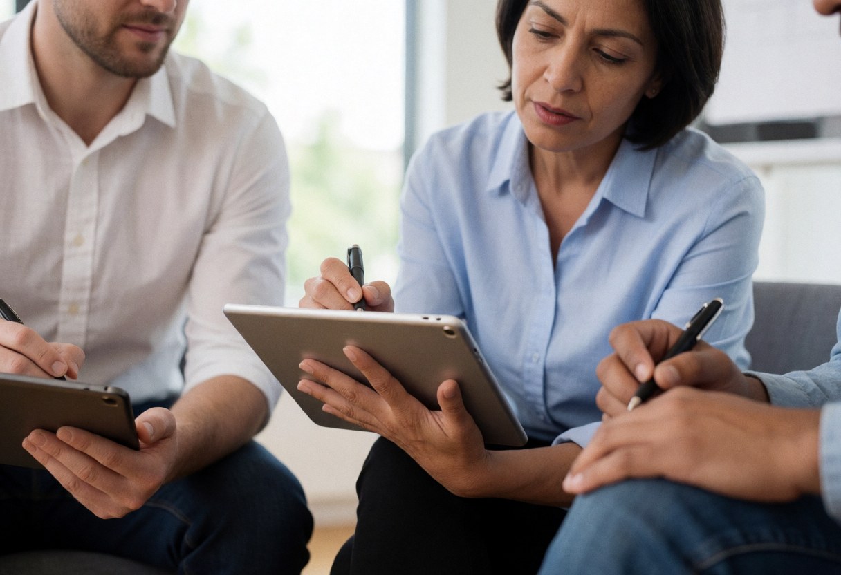 Three people in a meeting, using tablets and writing with pens while working together.