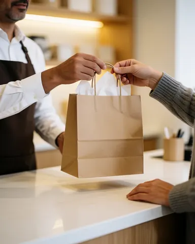 Employee at counter hands paper bag to customer who receives it with both hands.