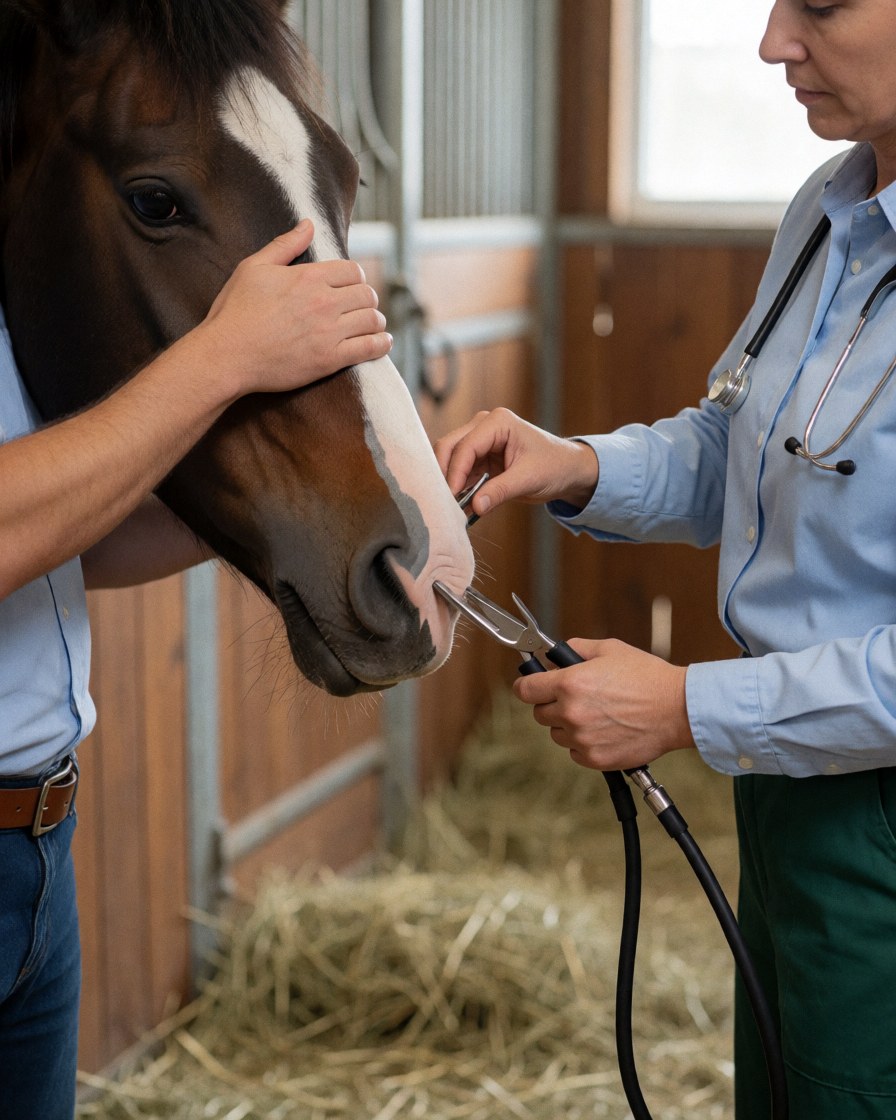 A veterinarian examines a horse's mouth in a stable while another person gently holds it.