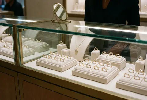Elegant jewelry display case featuring rings and necklaces on velvet counters with bright lighting and a small mirror