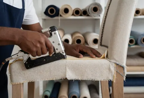 Close-up view of hands performing artisan upholstery on a wooden chair frame using tools and fabric in a workshop setting