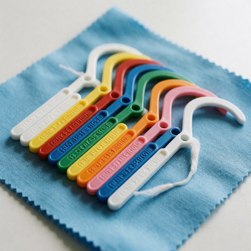 Several colorful dental floss picks arranged on a blue cloth.