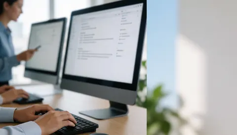 Hands working on computers in a modern office with two monitors and a plant.