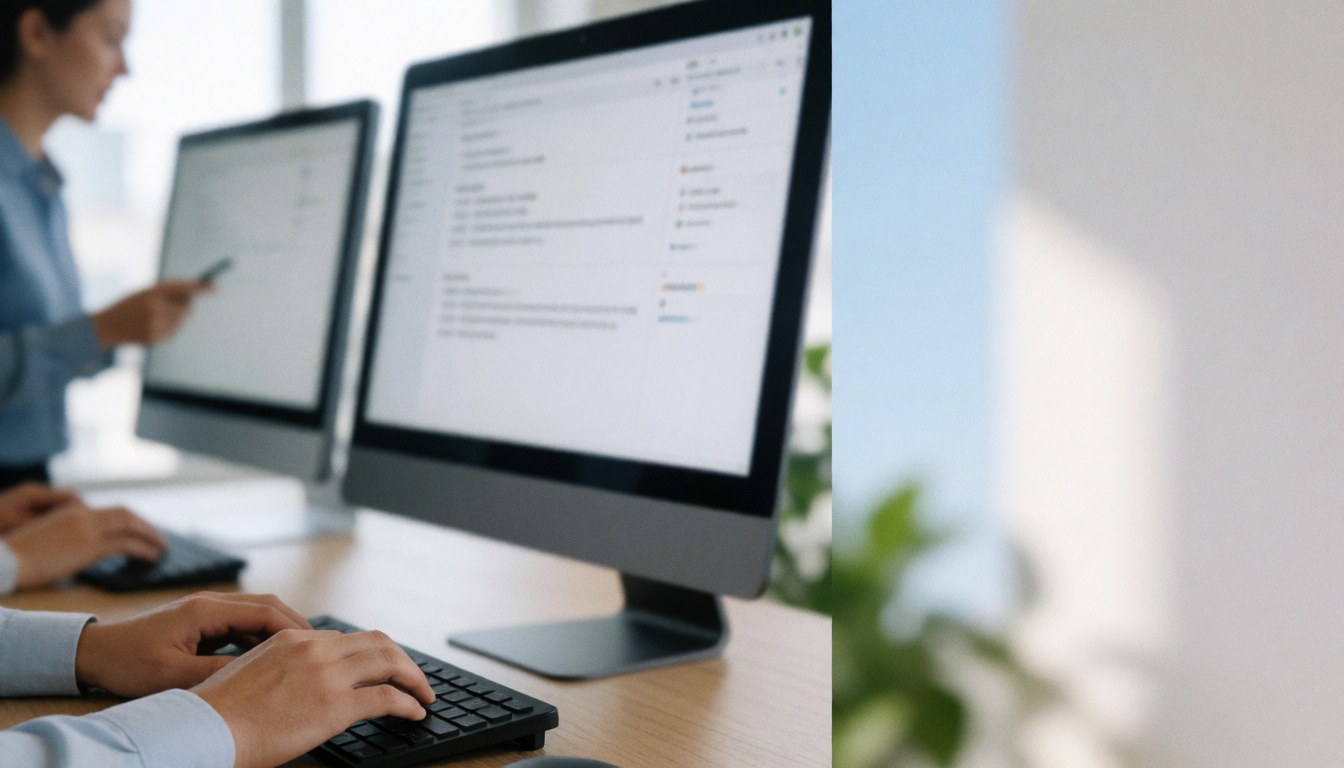 Hands working on computers in a modern office with two monitors and a plant.