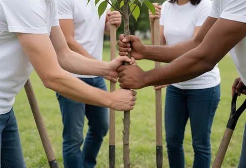 Group of volunteers in white shirts planting a young tree in a green field with shovels.