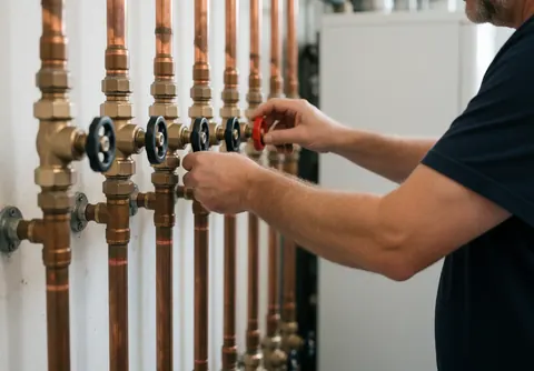 A plumber adjusts copper valves on a pipe installation with tools against a white wall.