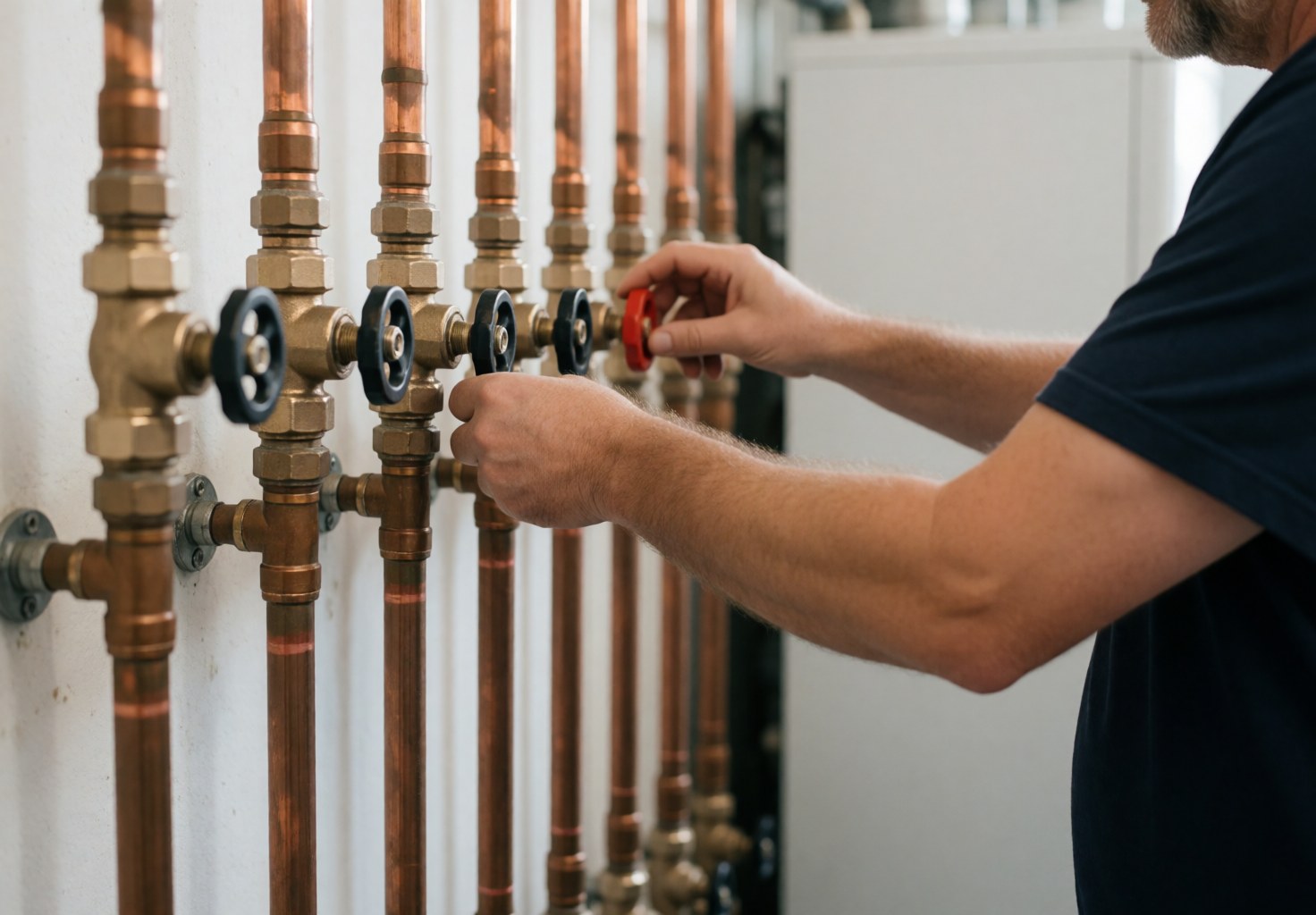 A plumber adjusts copper valves on a pipe installation with tools against a white wall.
