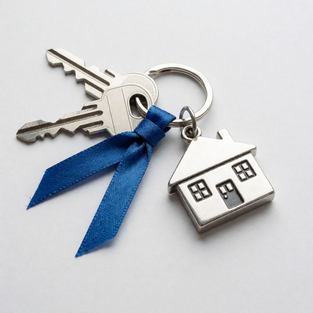 Metal keys with a house-shaped keychain and a blue ribbon on a white background.