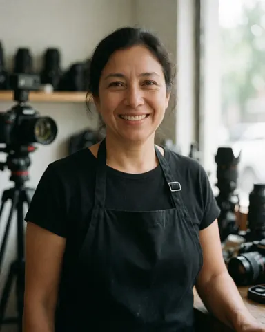 A smiling woman in a black apron in a photography studio with cameras and lenses around her.