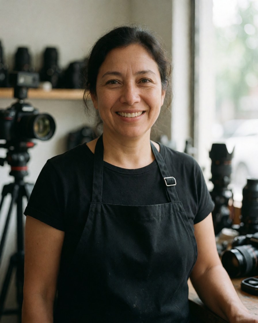 A smiling woman in a black apron in a photography studio with cameras and lenses around her.
