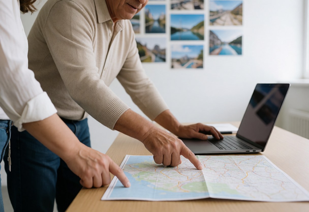 Two people in an office, one points to a map while the other uses a laptop to plan a trip.