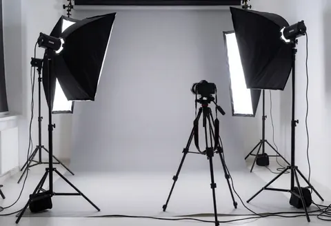 Professional photo studio with studio lights, tripod, and camera ready to take photos.
