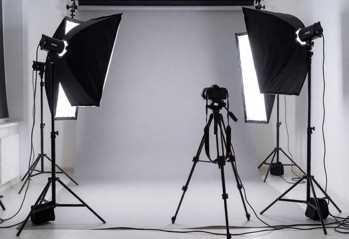 Professional photo studio with studio lights, tripod, and camera ready to take photos.