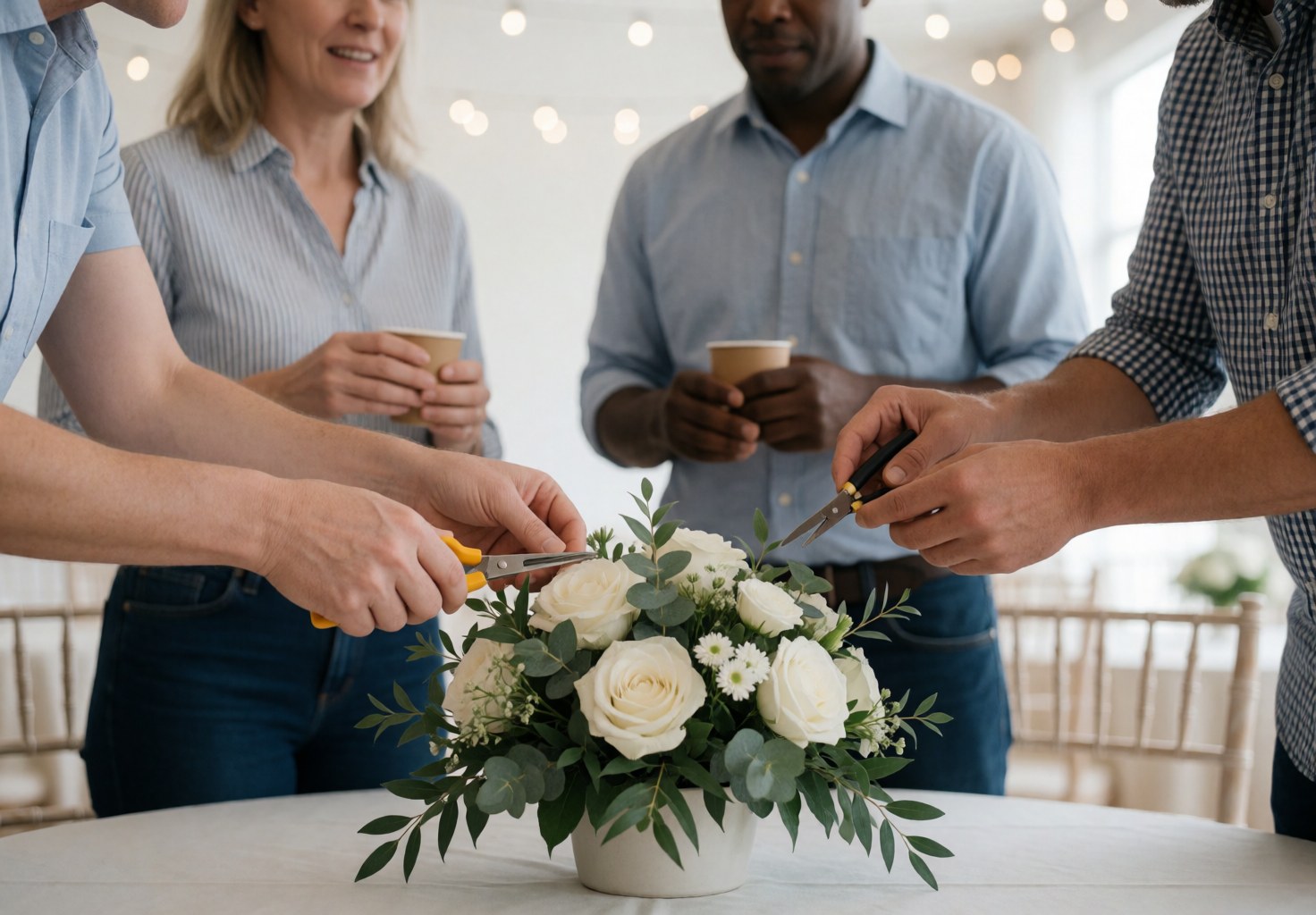 Two people cut white flowers in an arrangement on a table, others with coffee cups observe at an event.