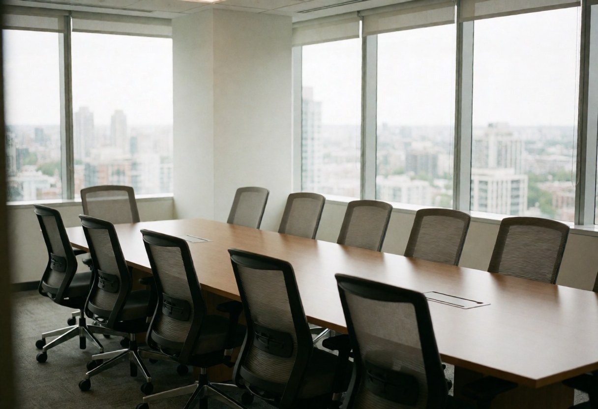 Empty conference room with long table and chairs, featuring a panoramic city view from the windows.