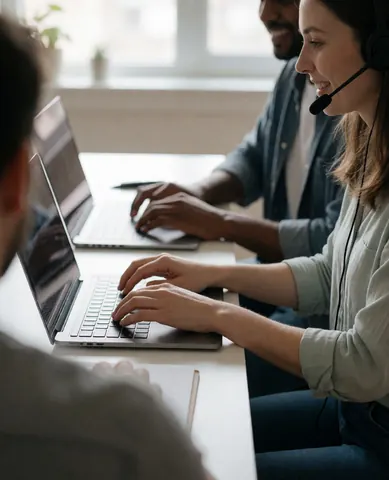 Three people working from home with laptops and headsets for video calls.