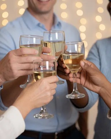 Hands of several people clinking glasses of white wine at a celebration with string lights in the background.
