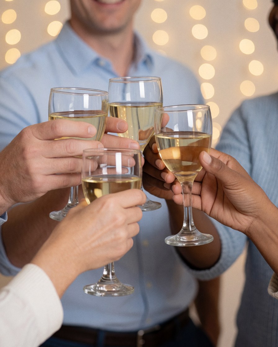 Hands of several people clinking glasses of white wine at a celebration with string lights in the background.