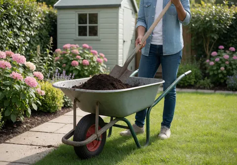 Person with shovel and wheelbarrow loading soil in a garden with flowers and lawn.