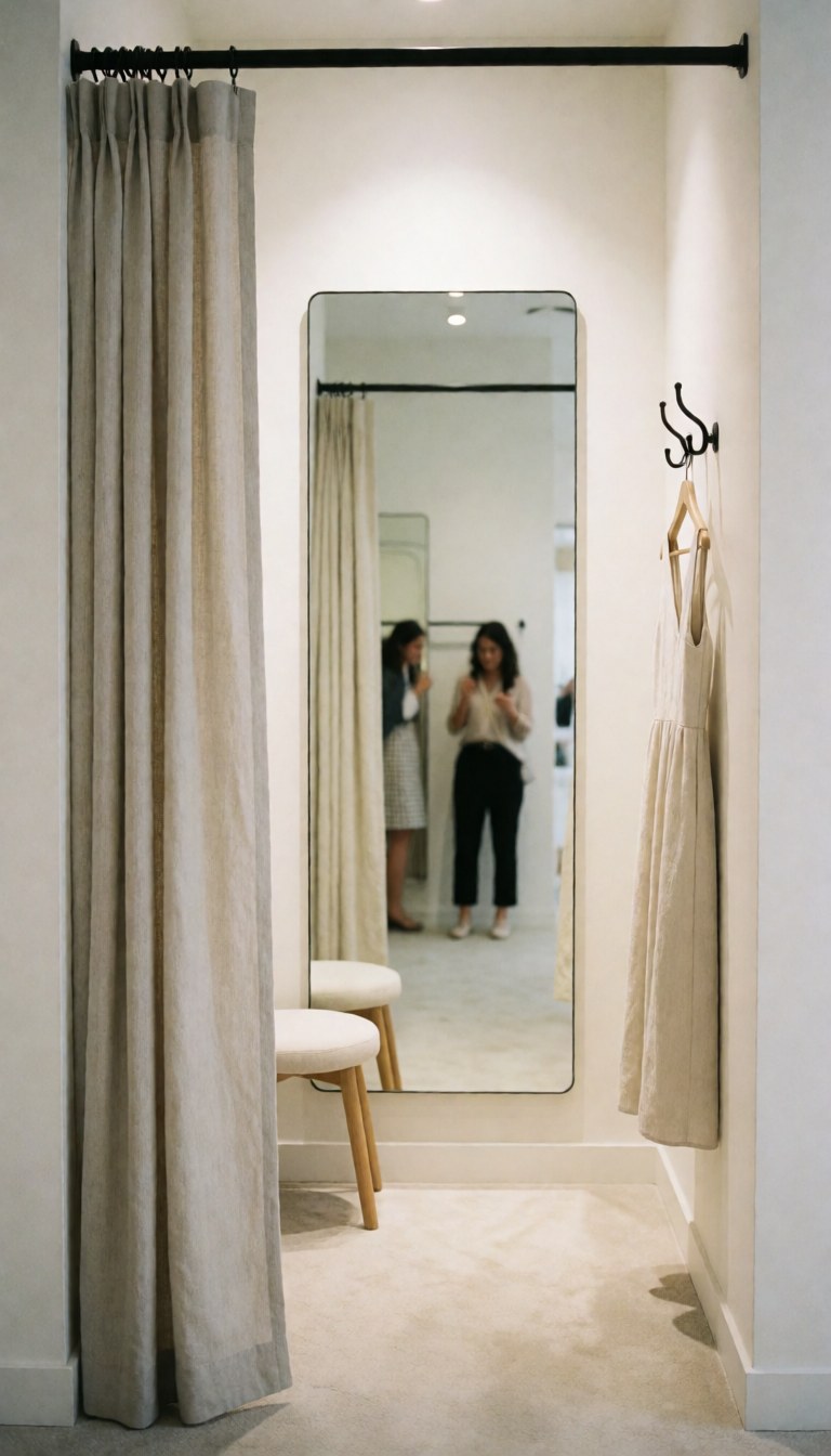 A woman tries on a dress in front of a mirror in a clothing store fitting room, with a chair and a dress hanging nearby.