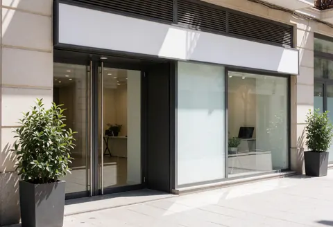 Modern photography studio facade with glass doors and windows with blinds, potted plants, and a visible interior.