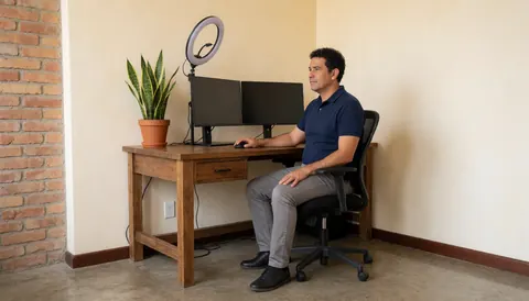 A man working at a wooden desk with a computer monitor, natural light, and a plant in an office with brick walls and polished concrete floor.