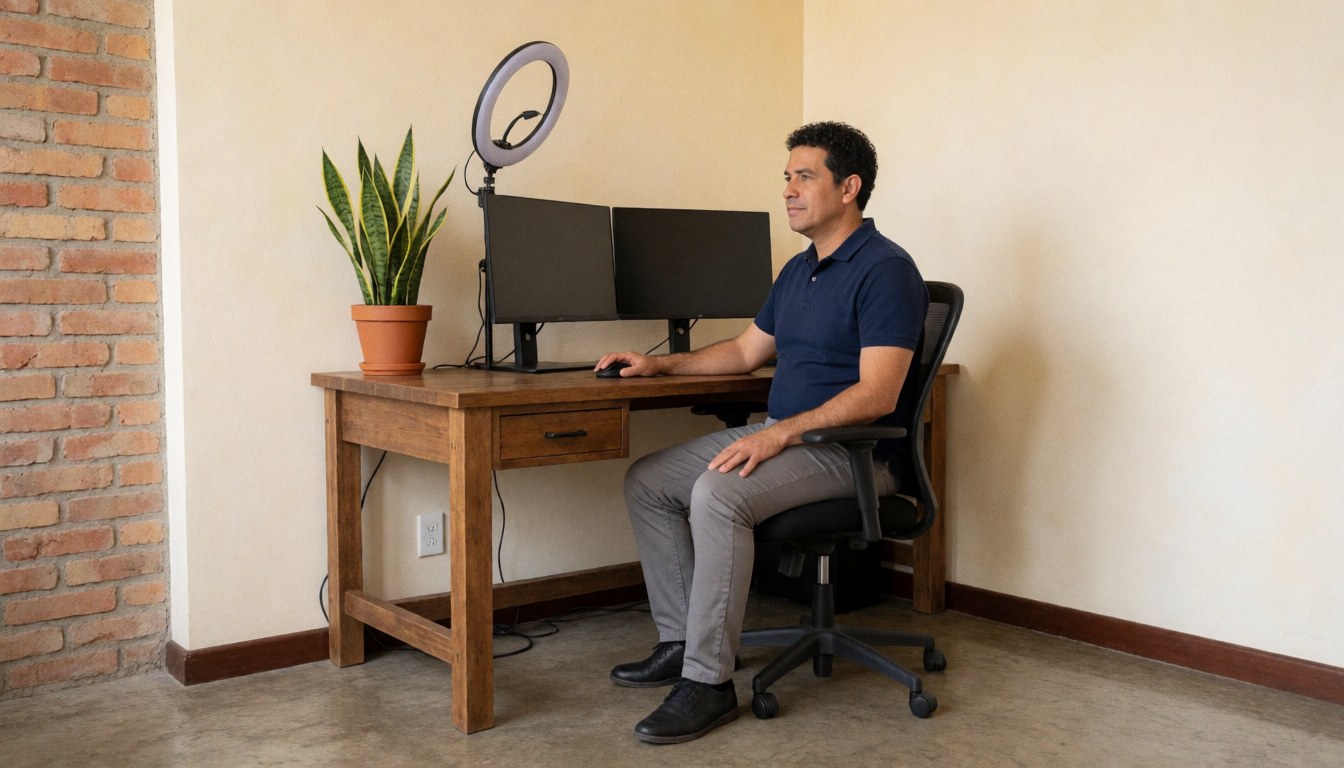 A man seated at his desk with two monitors, using a mouse and a ring light to work from home.