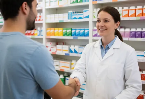 A pharmacist smiles as she shakes hands with a customer in a pharmacy with medicine shelves behind her.