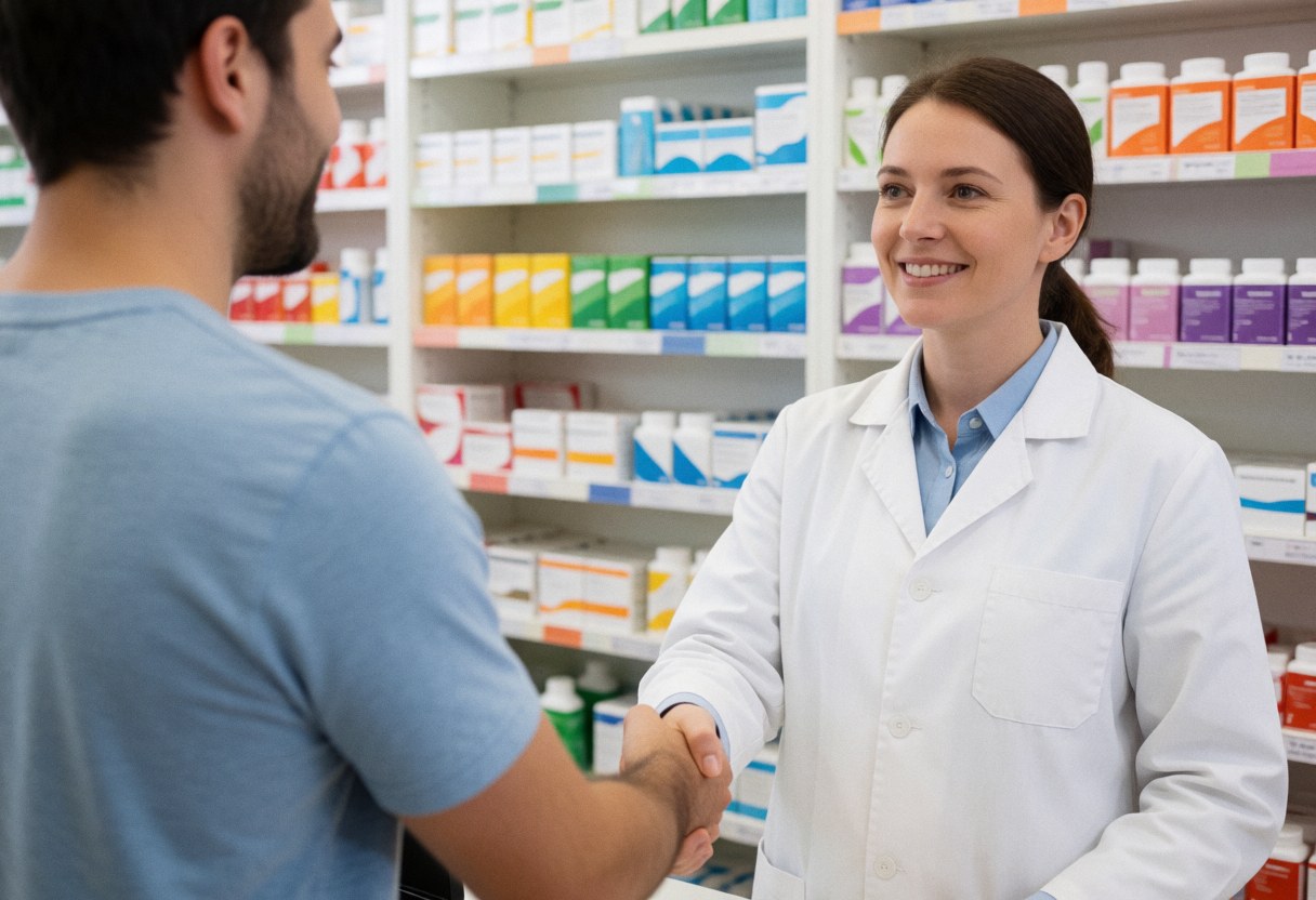 A pharmacist smiles as she shakes hands with a customer in a pharmacy with medicine shelves behind her.