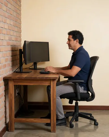 A young man working on a computer at his home desk with a brick wall.