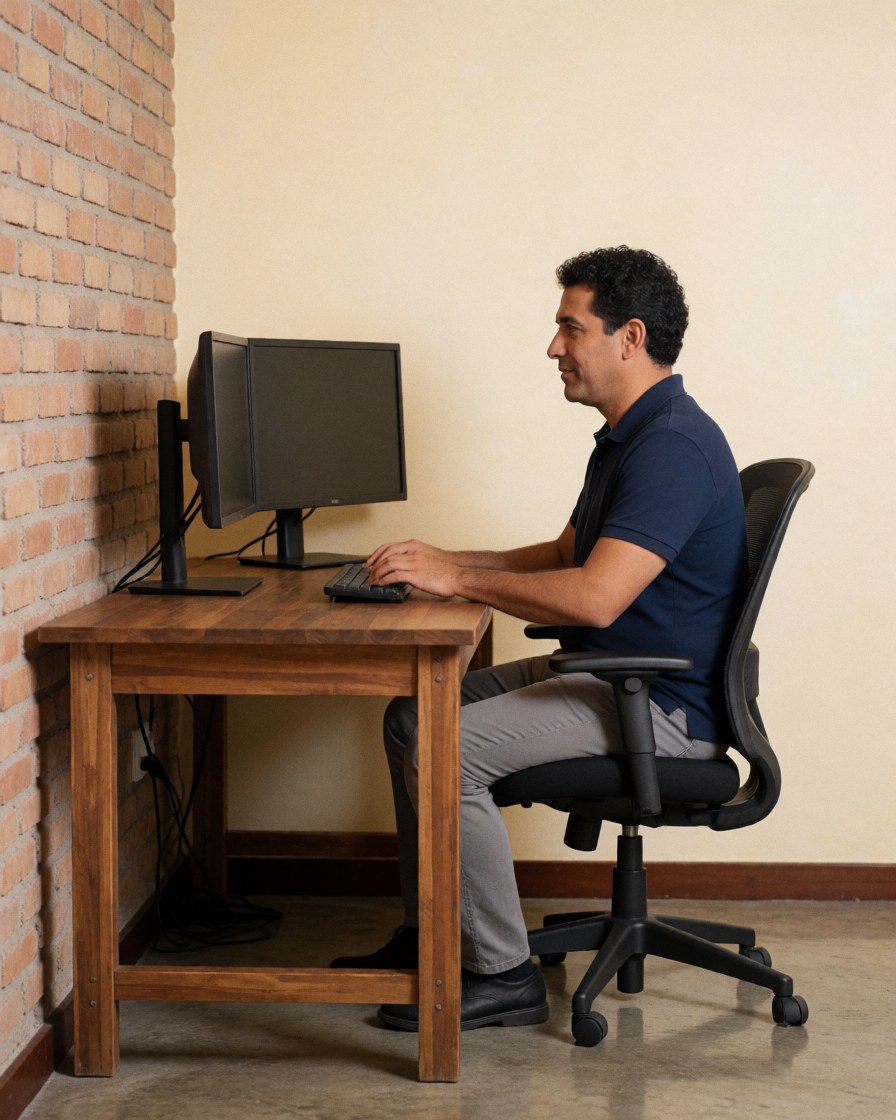 A young man working on a computer at his home desk with a brick wall.