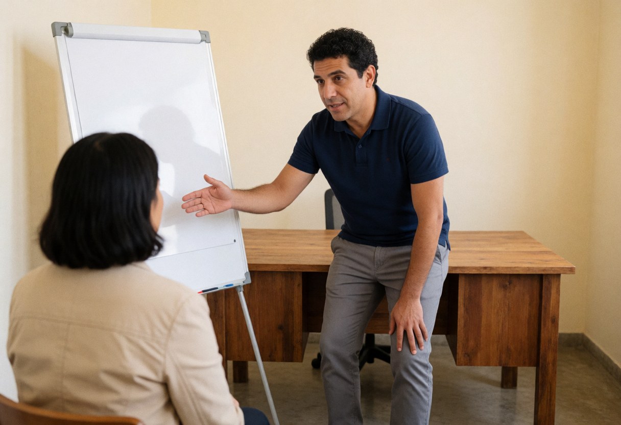 A man speaks and gestures in front of a whiteboard while a woman listens seated in a chair.