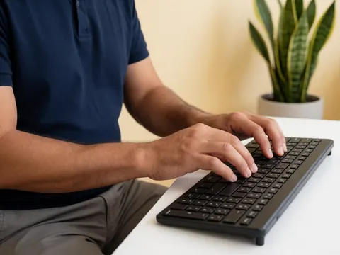 A man in a blue shirt typing on a black keyboard on a white desk, with an indoor plant in the background.