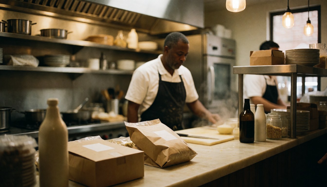 A professional chef preparing food in a restaurant kitchen with steam and warm light creating a realistic and professional atmosphere