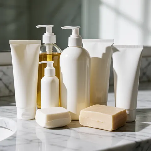 Bathroom products like soaps and creams on a marble sink.