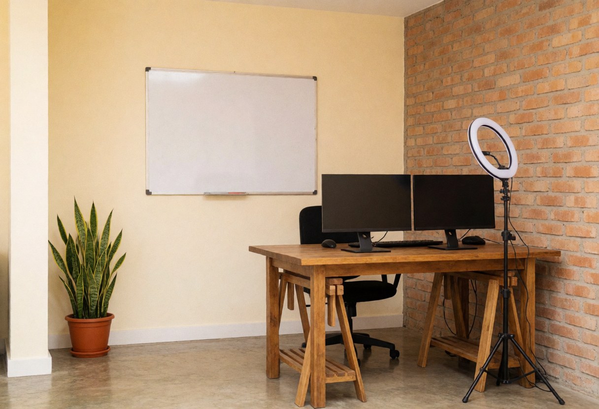Work space with desk, two monitors, whiteboard and studio light for online classes.