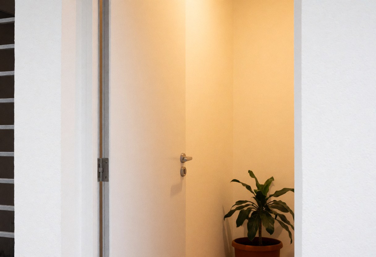 Office entrance with white walls, a door, and a potted plant.